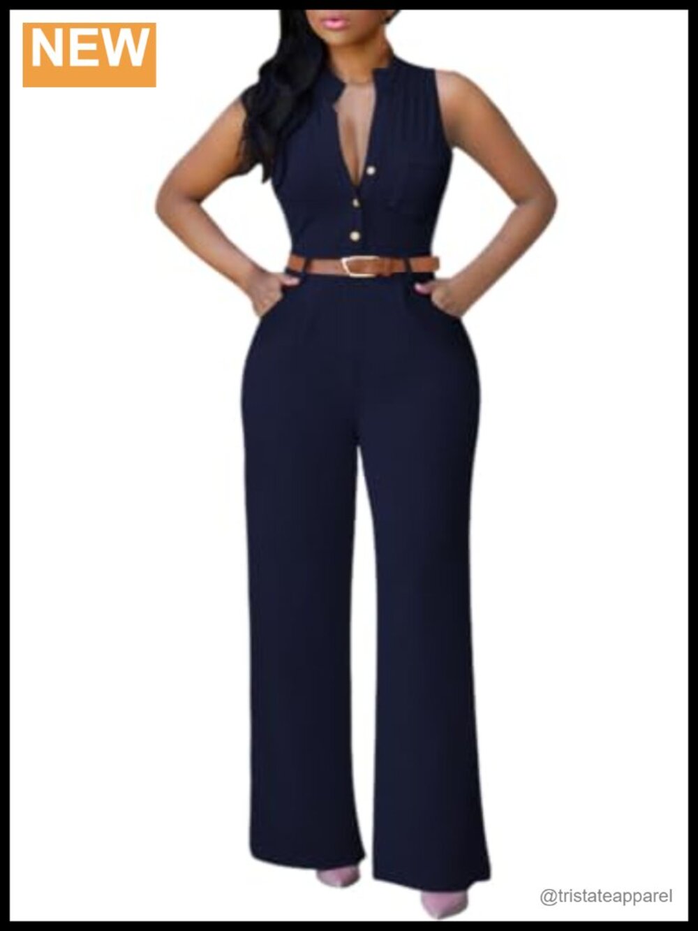 Womens Sleeveless V Neck Wide Leg Jumpsuit with Belt & Pockets Dressy Party
